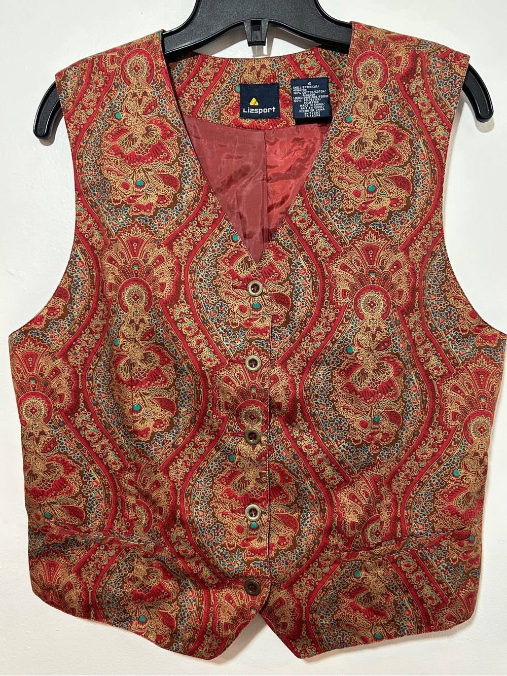 Lizsport Red Paisley Button Front Vest Size 6